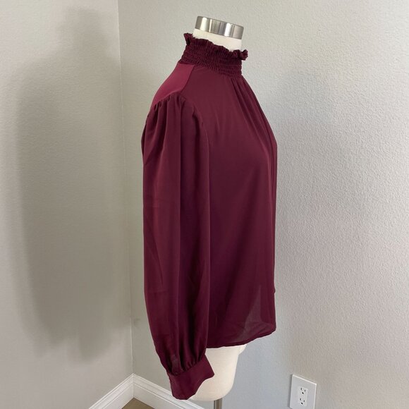 Ann Taylor Womens Small Burgundy Smocked Mock Neck Long Sleeve Blouse Shirt - Picture 3 of 10